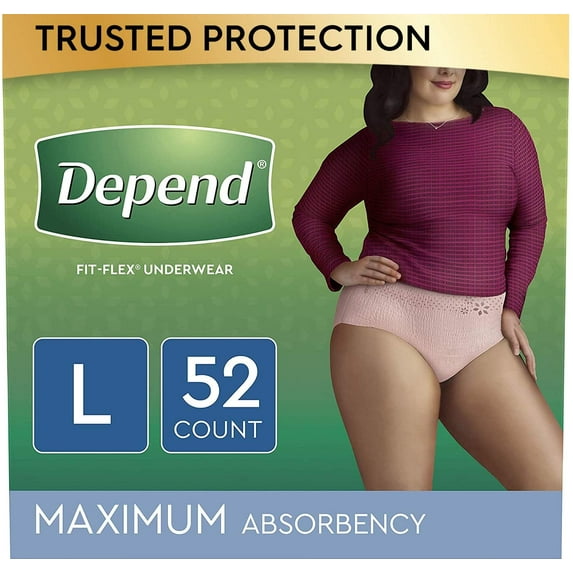 Depend FIT-FLEX Incontinence Underwear for Women, Disposable, Maximum Absorbency, Large, Blush, 52 Count (2 Packs of 26) (Packaging May Vary)