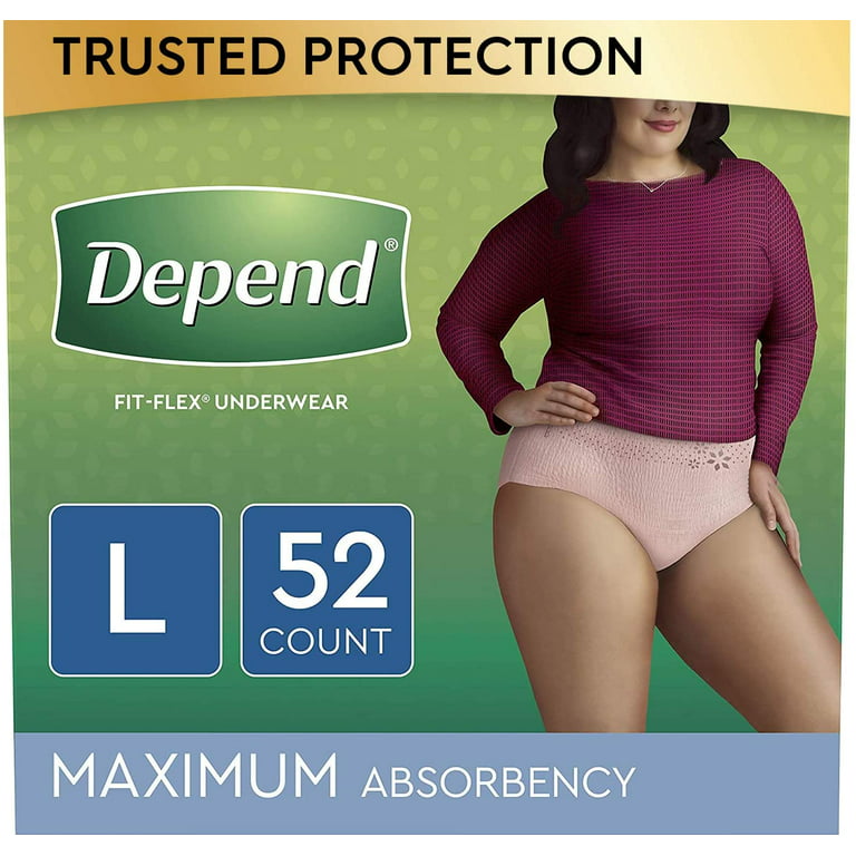 https://i5.walmartimages.com/seo/Depend-FIT-FLEX-Incontinence-Underwear-for-Women-Disposable-Maximum-Absorbency-Large-Blush-52-Count-2-Packs-of-26-Packaging-May-Vary_2b3700a5-330f-4ad1-b93a-357c0907e549.b3cfe14e0baebf343a165f9989a9105f.jpeg?odnHeight=768&odnWidth=768&odnBg=FFFFFF