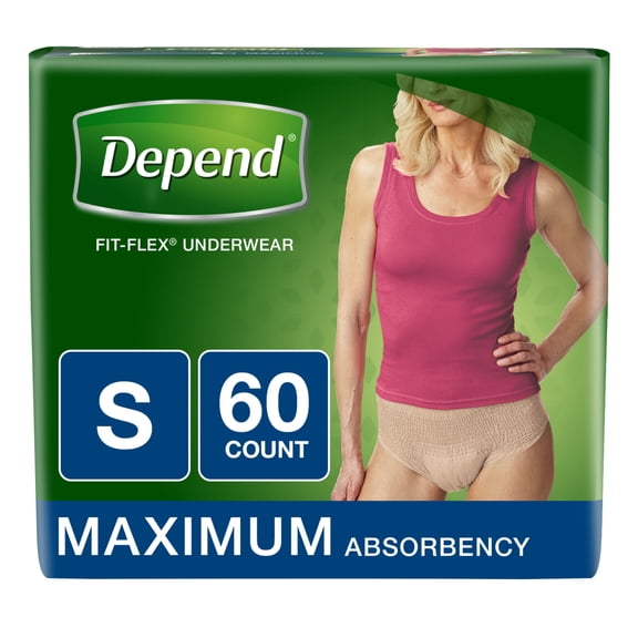 Depend FIT-FLEX Incontinence Underwear for Women, Maximum Absorbency, S, Tan 60 ct