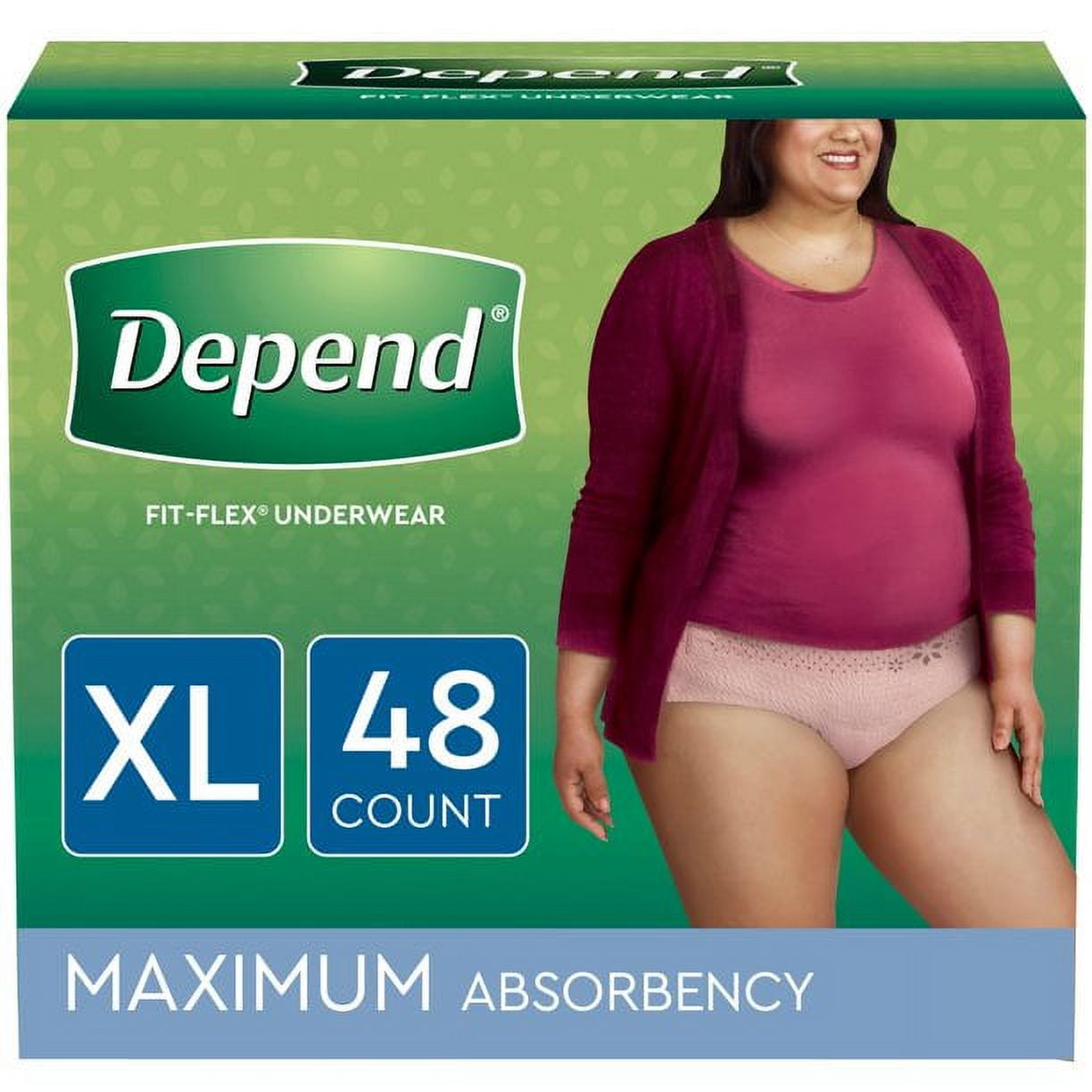 Depend Fit-Flex Adult Incontinence Underwear For Women, Maximum Absorbency, Extra-Large, Light Pink, 48 Count (2 Packs of 24