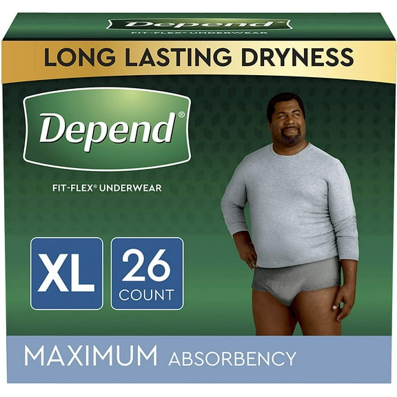Depend Fit-Flex Adult Incontinence Underwear for Men, Disposable, Maximum Absorbency, X-Large, Grey, 26 Count