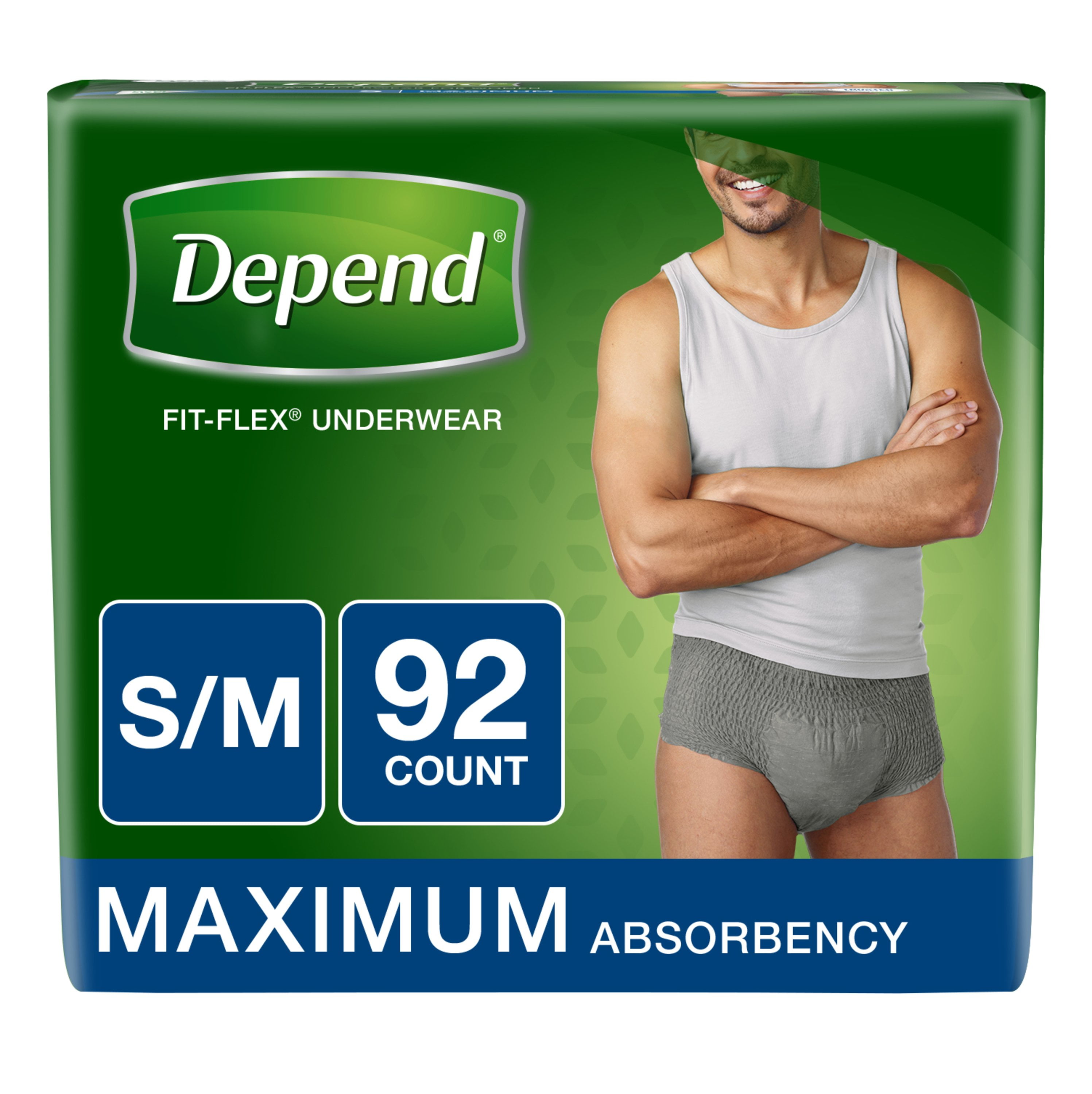 Depend Fit-Flex Incontinence Underwear for Men, Maximum Absorbency, S/M, Grey 92 Count