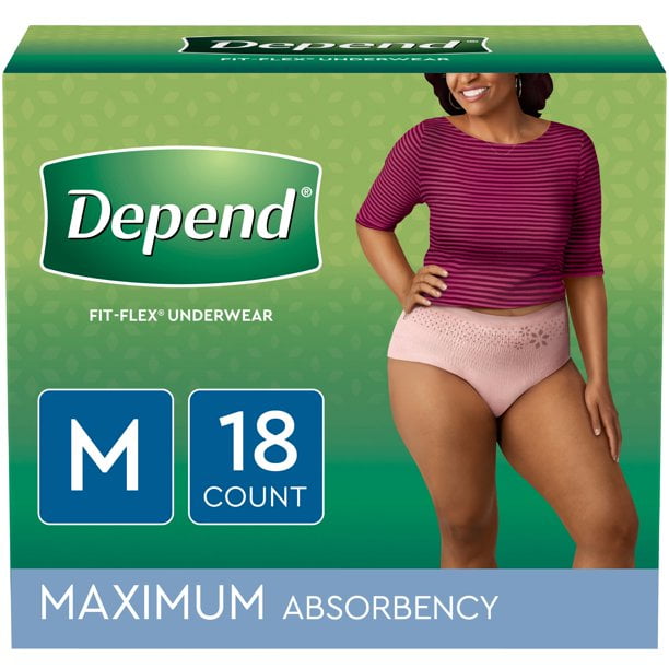 Depend Fit-Flex Incontinence Underwear for Women, Maximum Absorbency, Medium,  Light Pink, 18 Count