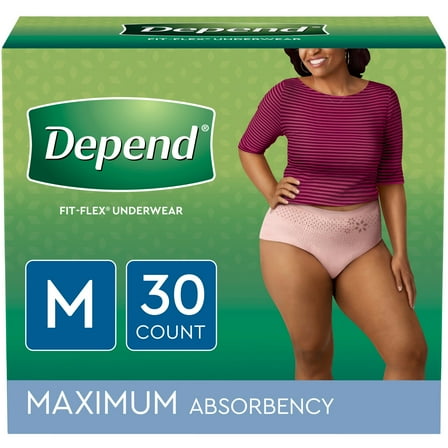 Depend Fit-Flex Incontinence Underwear for Women, Maximum Absorbency, Medium, Light Pink, 30 Ct (Pack of 2 | Total of 60 ct)