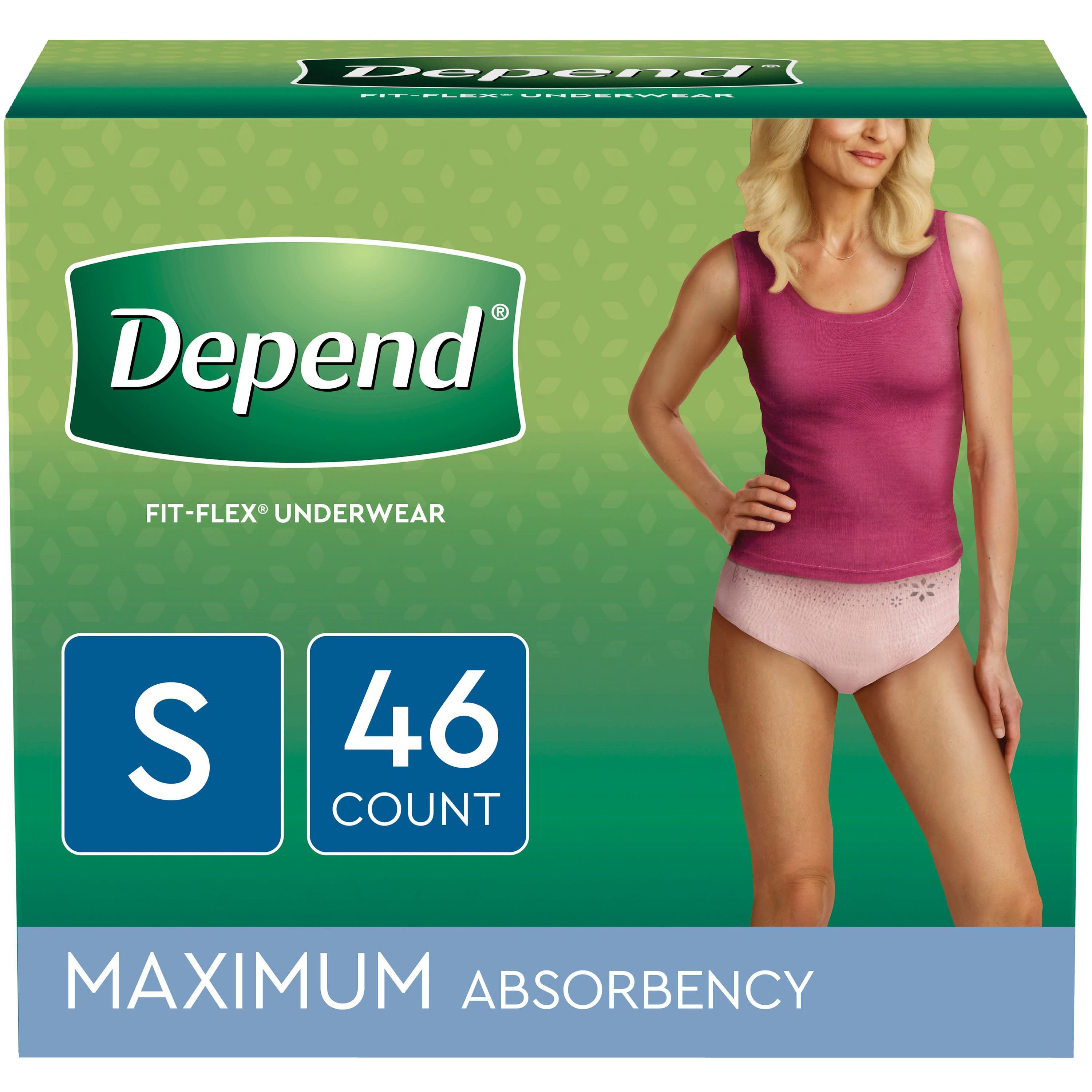 Depend Fit-Flex Incontinence Underwear for Women, Maximum Absorbency, Small, Light Pink, 46 Count