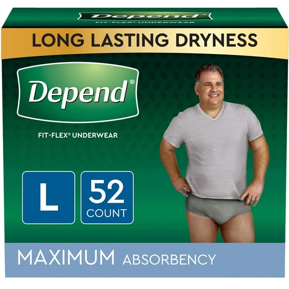 Depend Fit-Flex Men's Maximum Incontinence Underwear, L, Grey, 52 Count