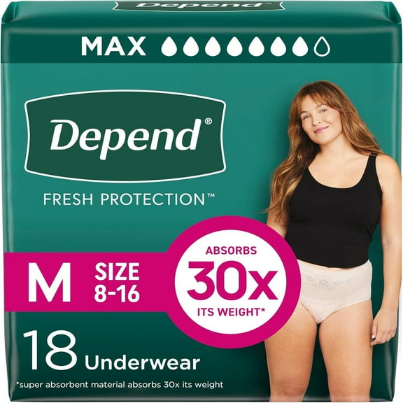 Depend Fresh Protection Adult Incontinence & Postpartum Bladder Leak Underwear for Women, Disposable, Maximum, Medium, Blush, 18 Count, Packaging May Vary