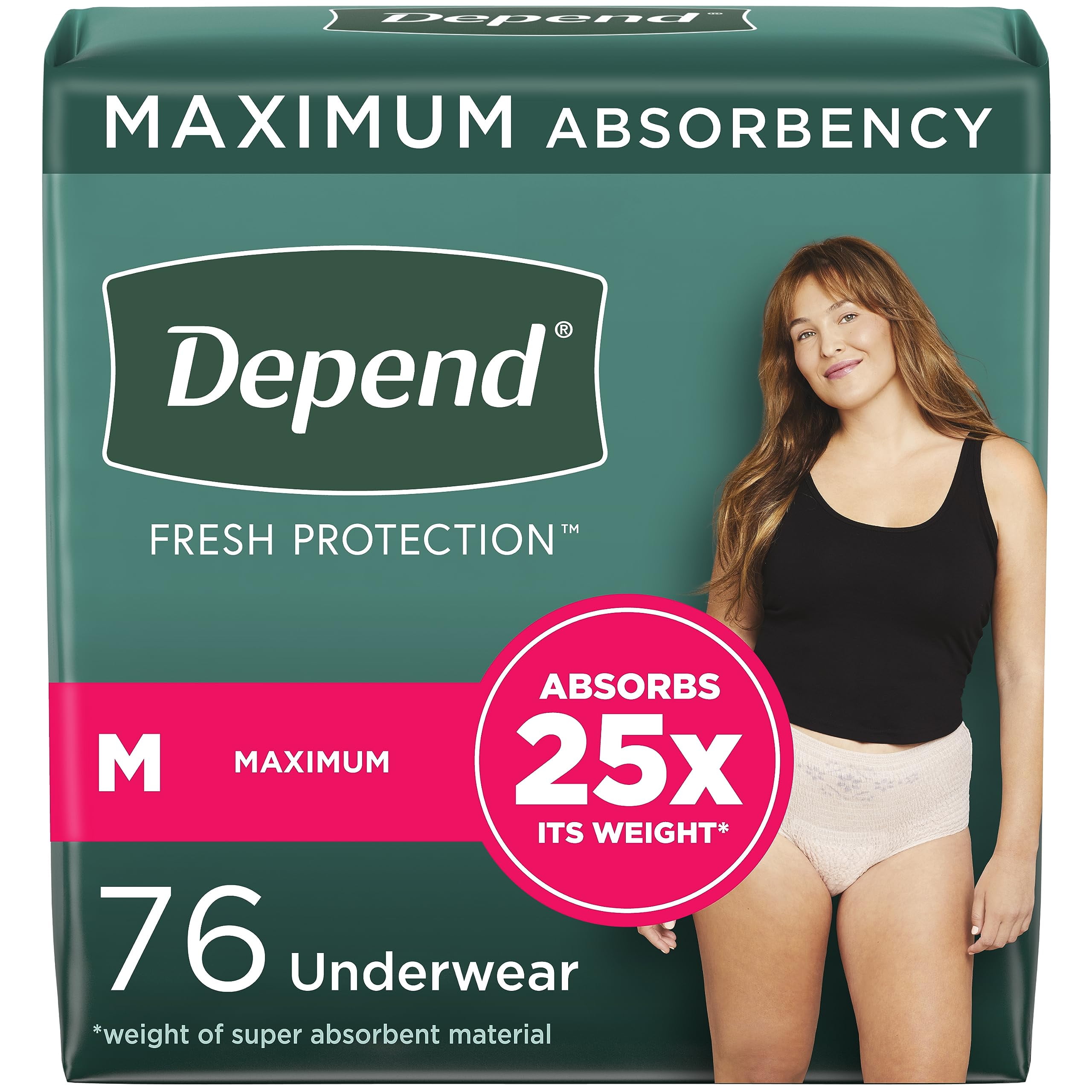 Depend Fresh Protection Adult Incontinence & Postpartum Bladder Leak Underwear for Women, Disposable, Maximum, Medium, Blush, 76 Count (2 Packs of 38), Packaging May Vary