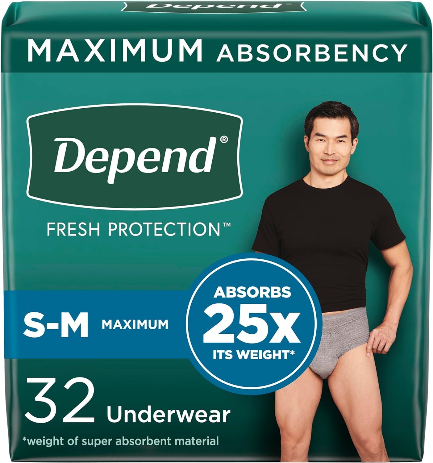 Depend Fresh Protection Male Comfort Fit Disposable Incontinence Underwear, Small/Medium, Maximum, 32 Count