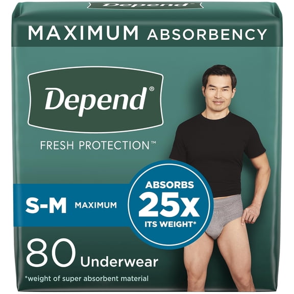 Depend Fresh Protection Adult Incontinence Underwear for Men (Formerly Depend Fit-Flex), Disposable, Maximum, Small/Medium, Grey, 80 Count, Packaging May Vary