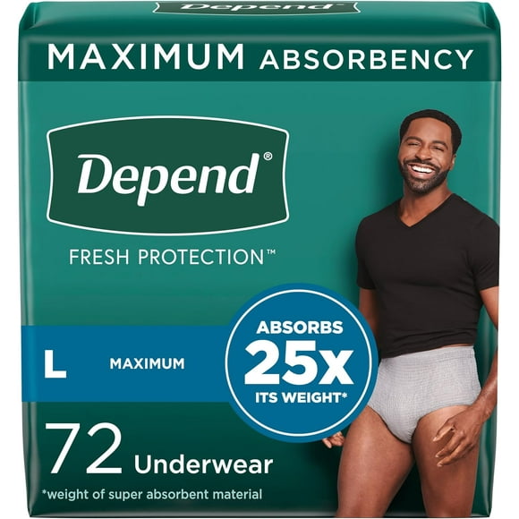 Depend Fresh Protection Adult Incontinence Underwear for Men (Formerly Depend Fit-Flex), Disposable, Maximum, Large, Grey, 72 Count (2 Packs of 36), Packaging May Vary