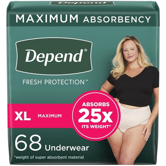 Depend Fresh Protection Adult Incontinence Underwear for Women (Formerly Depend Fit-Flex), Disposable, Maximum, Extra-Large, Blush, 68 Count, Packaging May Vary