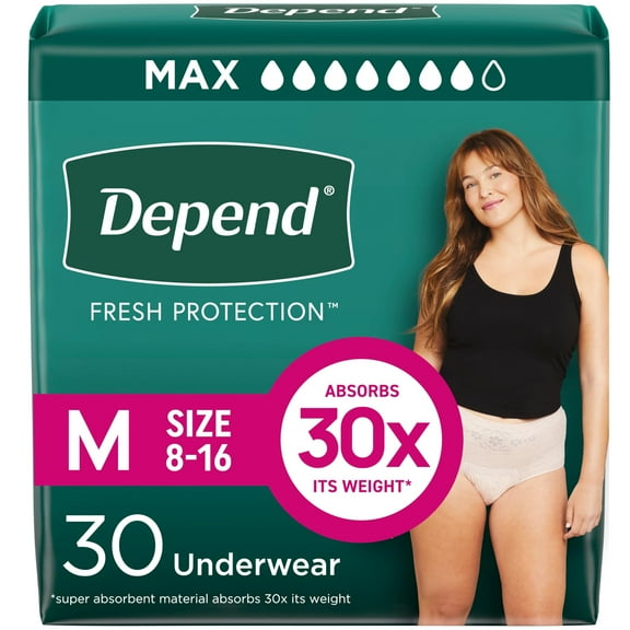 Depend Fresh Protection Adult Incontinence Underwear for Women (Formerly Depend Fit-Flex), Disposable, Maximum, Medium, Blush, 30 Count, Packaging May Vary