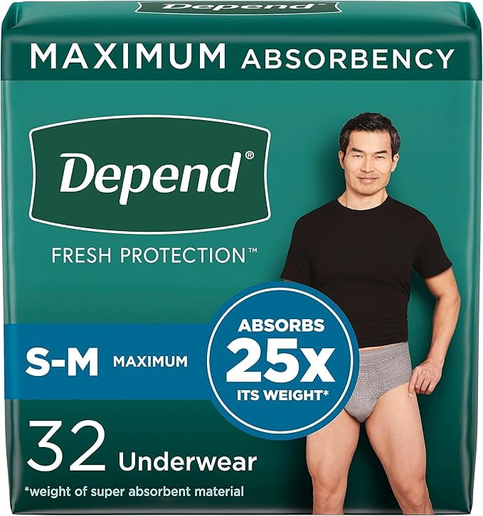 Depend Fresh Protection Adult Incontinence Underwear for Men, Disposable, Maximum, Small/Medium, Grey, 32 Count