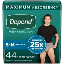 Depend Fresh Protection Adult Incontinence Underwear for Men, Maximum, S/M, Grey, 44 Count