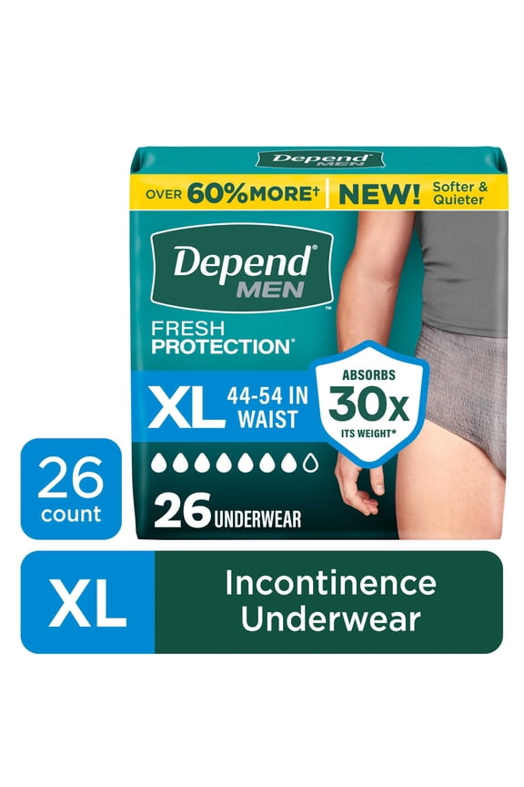 Fresh Protection Incontinence Underwear for Men, Adult Diapers, XL, 26 Count