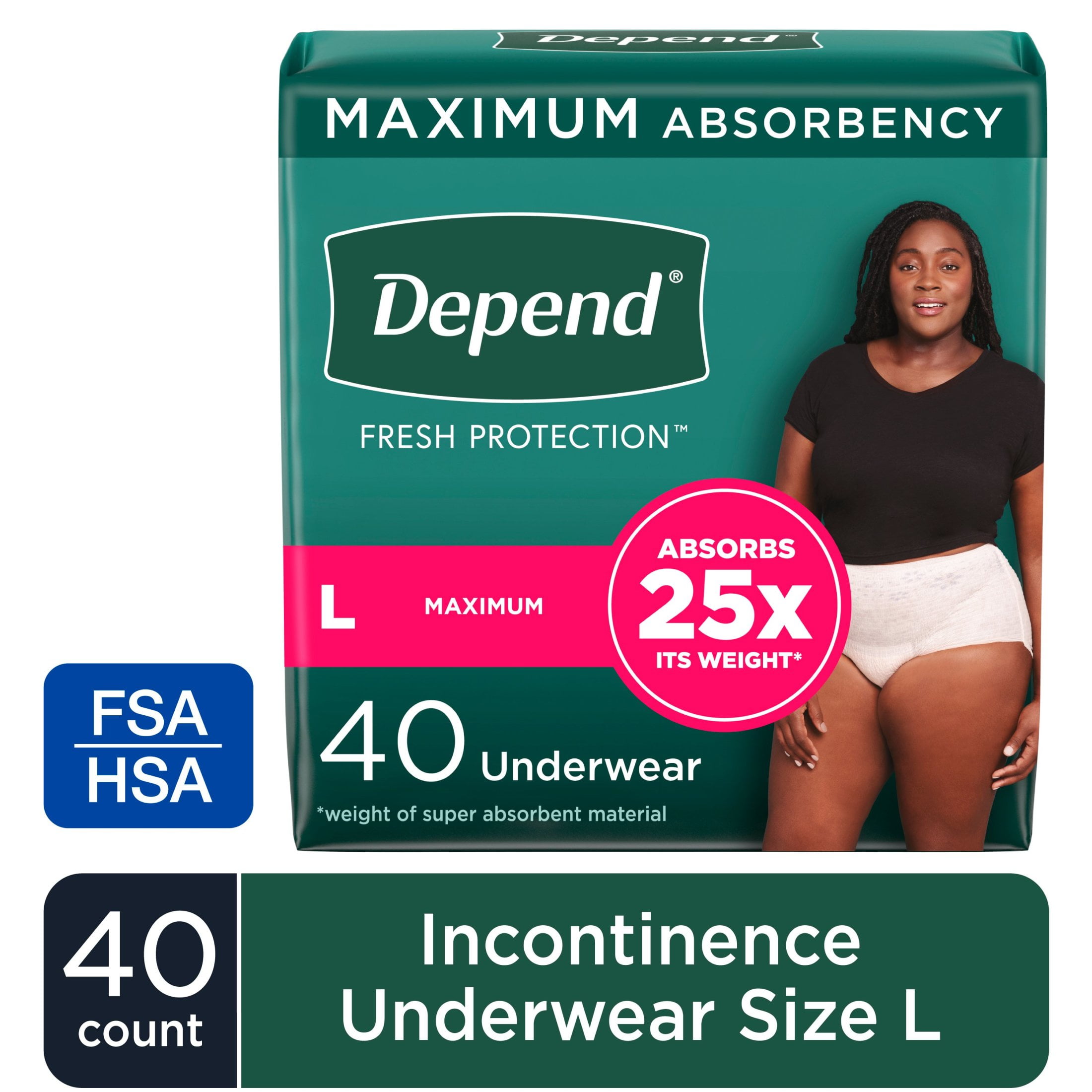 Depend Fresh Protection Incontinence Underwear for Women, Adult Diapers, L, 40 Count