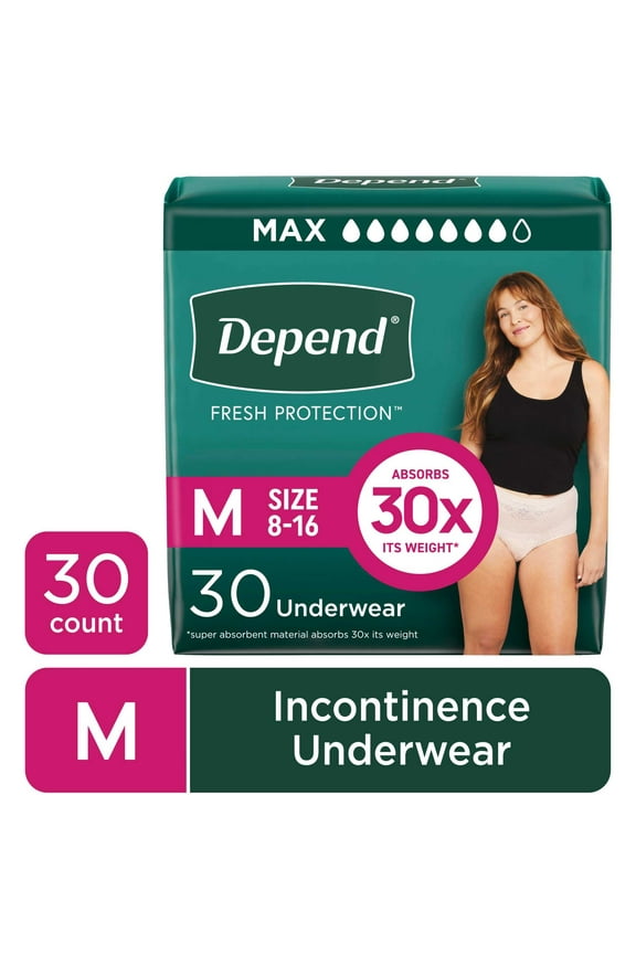 Fresh Protection Incontinence Underwear for Women, Adult Diapers, M, 30 Count