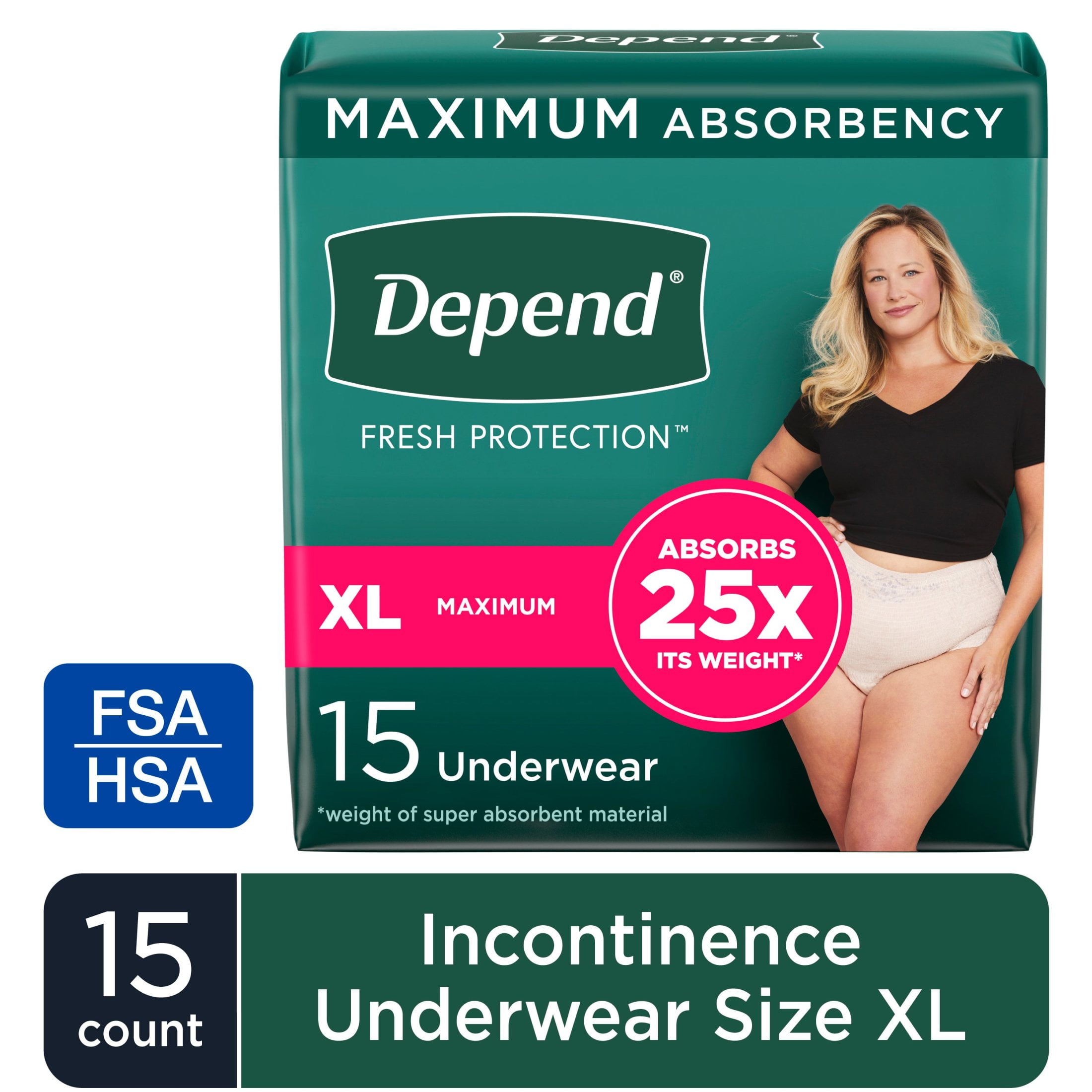 Depend Fresh Protection Incontinence Underwear for Women, Adult Diapers, XL, 15 Count