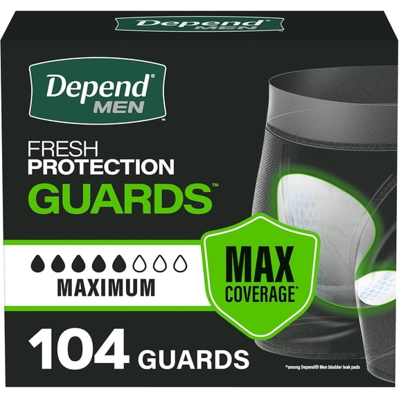 Depend Incontinence Guards/Incontinence Pads for Men/Bladder Control Pads, Maximum Absorbency, 104 Count (2 Packs of 52), Packaging May Vary