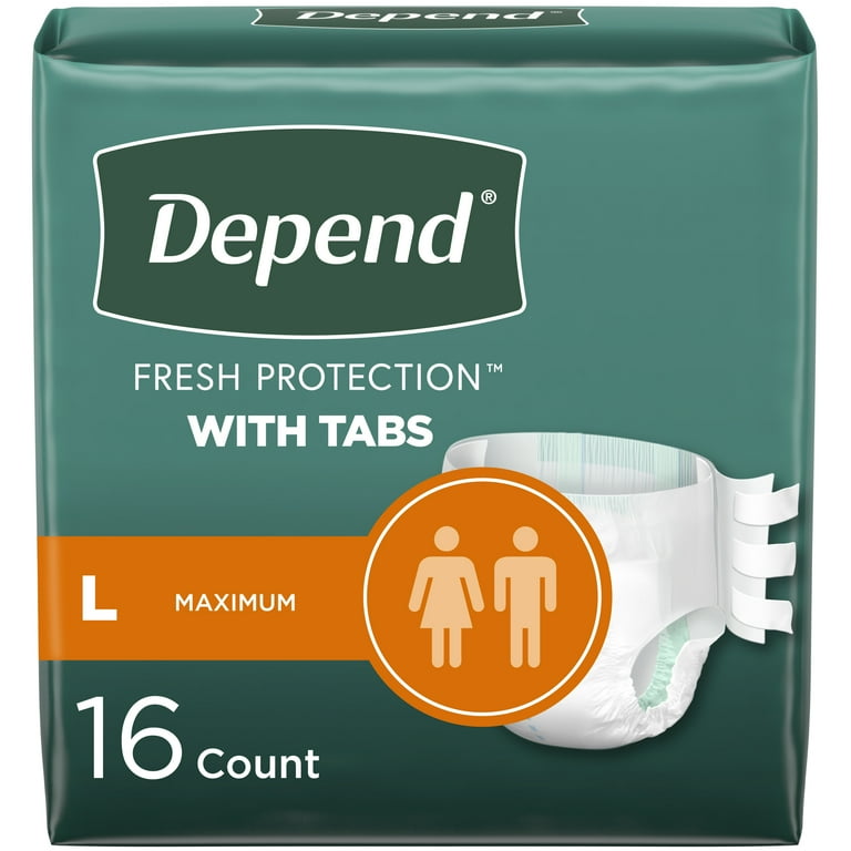 Depend Incontinence Protection with Tabs, Unisex, Large (35–49 Waist, over  170 lbs), Maximum Absorbency, 16ct