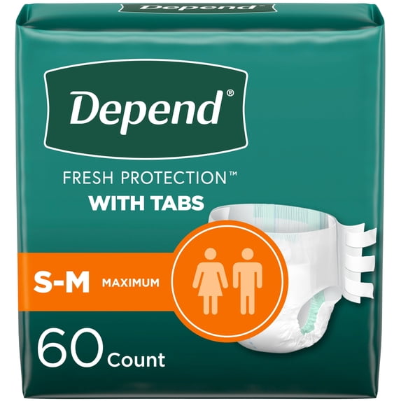 Depend Incontinence Protection with Tabs, Unisex, Small/Medium (19-34" Waist, Up To 170 lbs), Maximum Absorbency, 60 Count (3 Packs of 20)