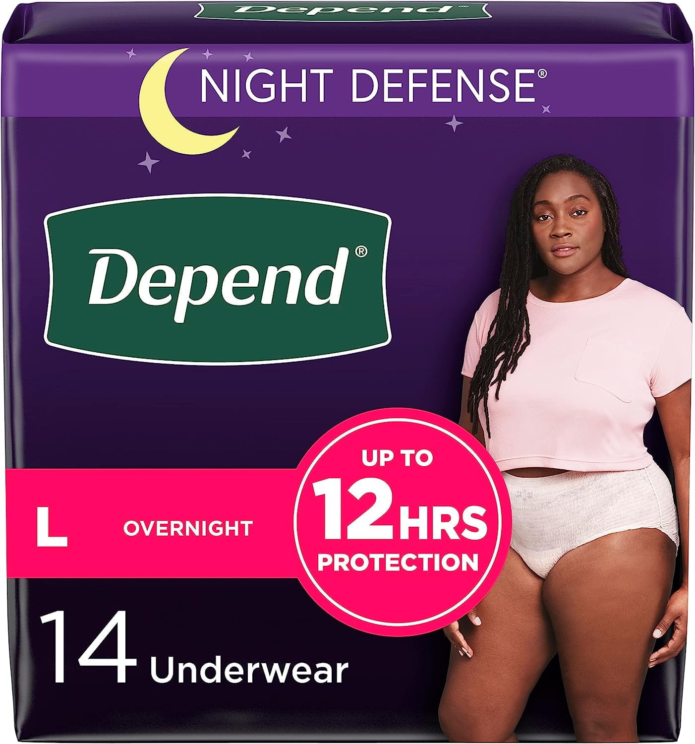 Depend Night Defense Adult Incontinence & Postpartum Bladder Leak Underwear for Women, Disposable, Overnight, Large, Blush, 14 Count, Packaging May Vary