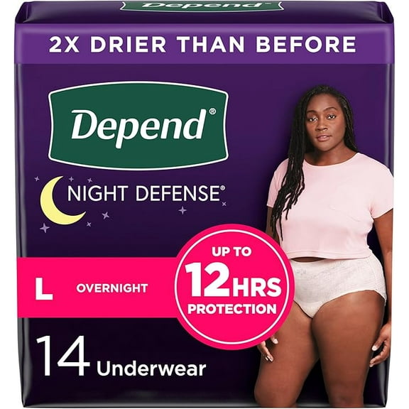 Depend Night Defense Adult Incontinence & Postpartum Bladder Leak Underwear for Women, Disposable, Overnight, Large, Blush, 14 Count