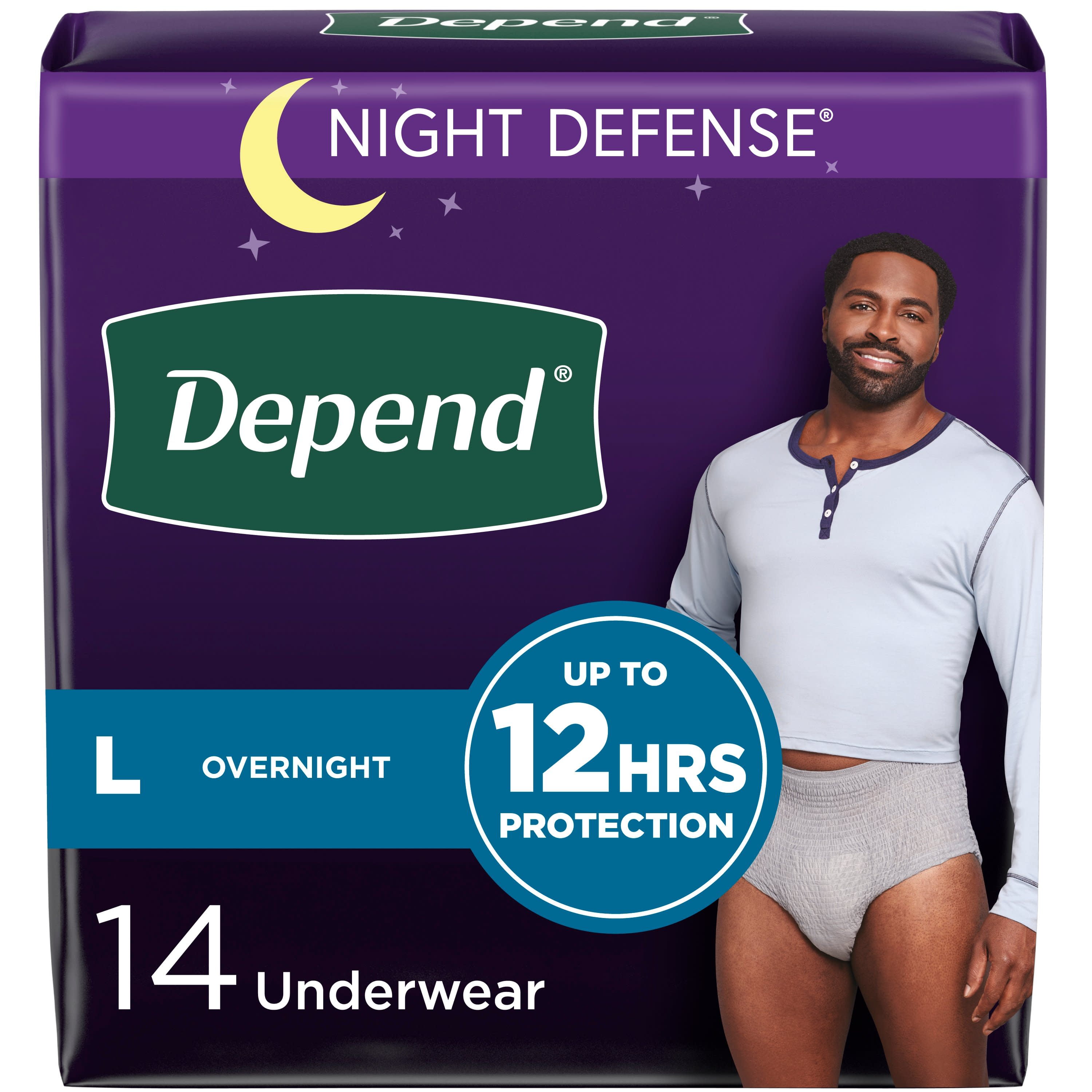 Depend Night Defense Adult Incontinence Underwear for Men, Overnight, L,  Grey, 14Ct 