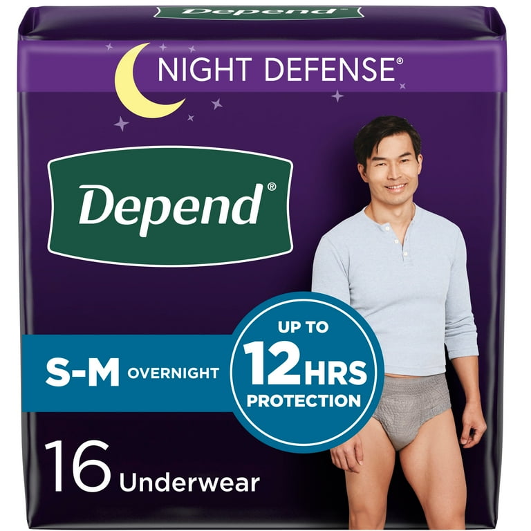 Depend Night Defense Adult Incontinence Underwear for Men, Overnight, S/M,  Grey, 16Ct