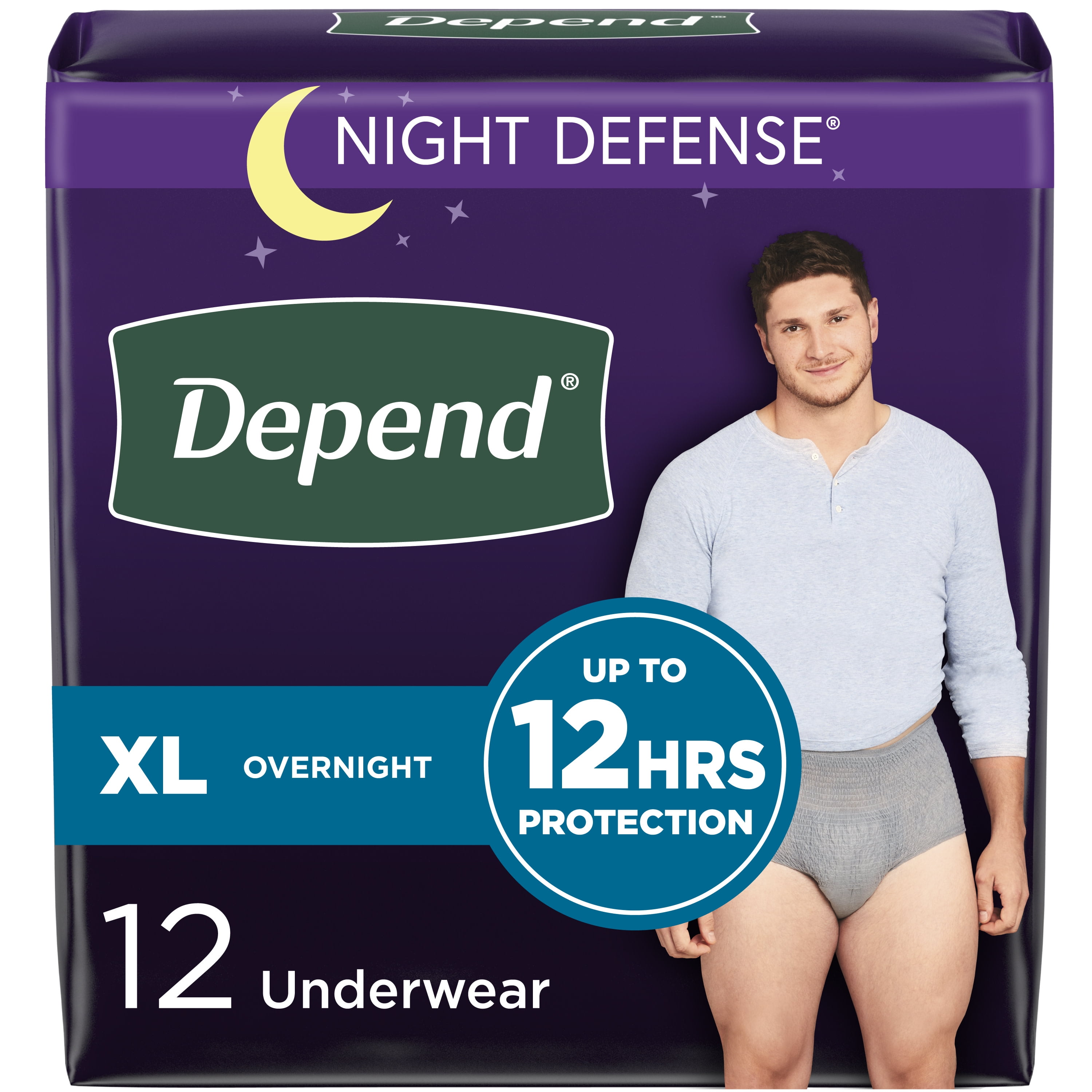 Depend Night Defense Adult Incontinence Underwear for Men, Overnight, XL,  Grey, 12Ct