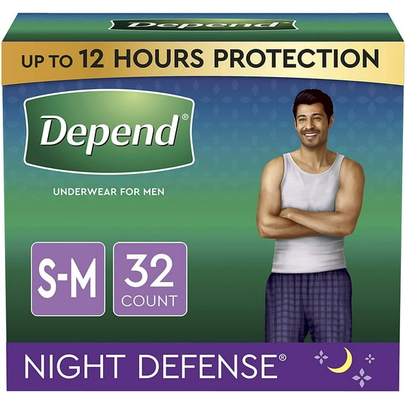 Depend Night Defense Incontinence Underwear for Men, Overnight, Disposable, Small/Medium, 32 Count (2 Packs of 16) (Packaging May Vary)