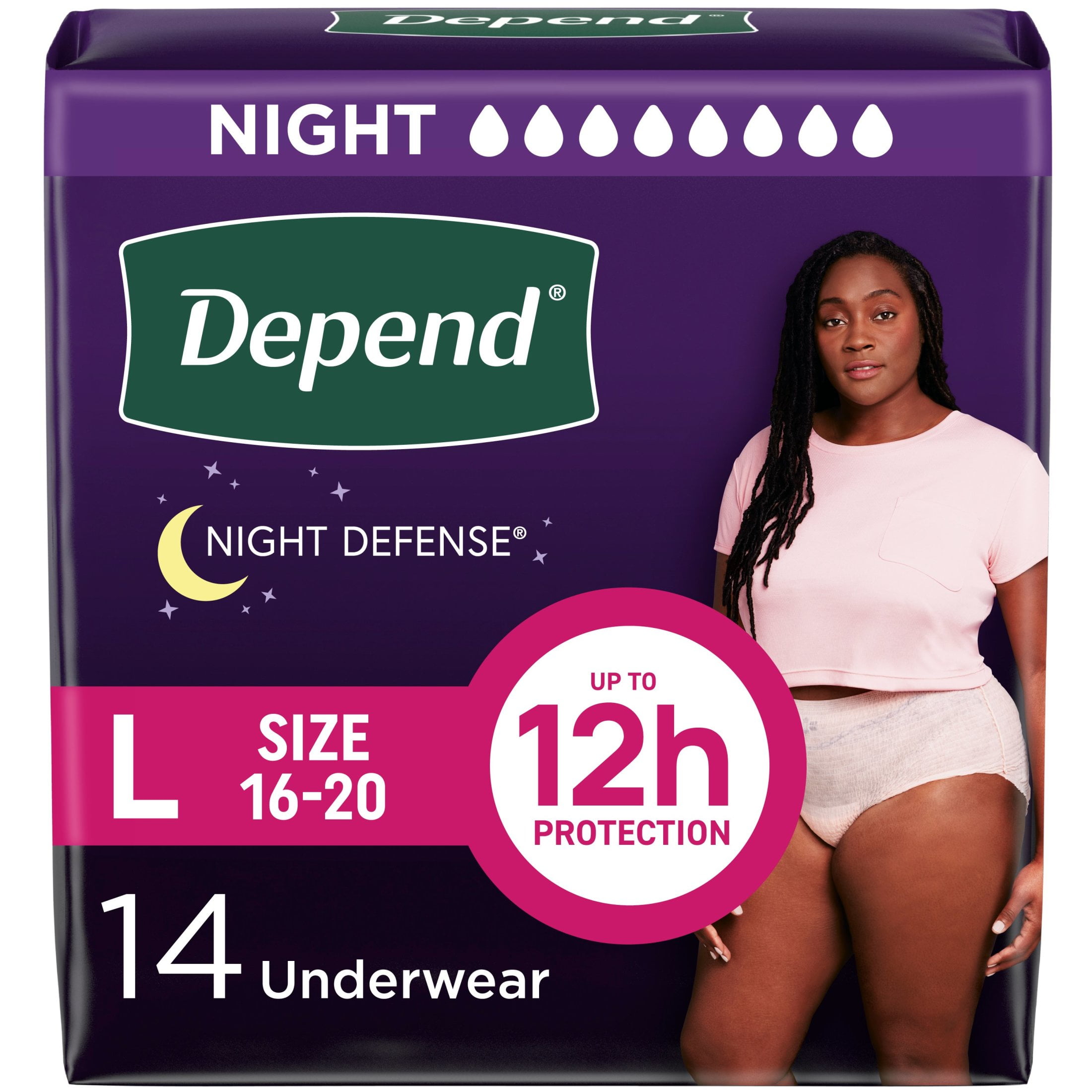 Depend Night Defense Incontinence Underwear for Women, Adult Diapers, L, 14 Count