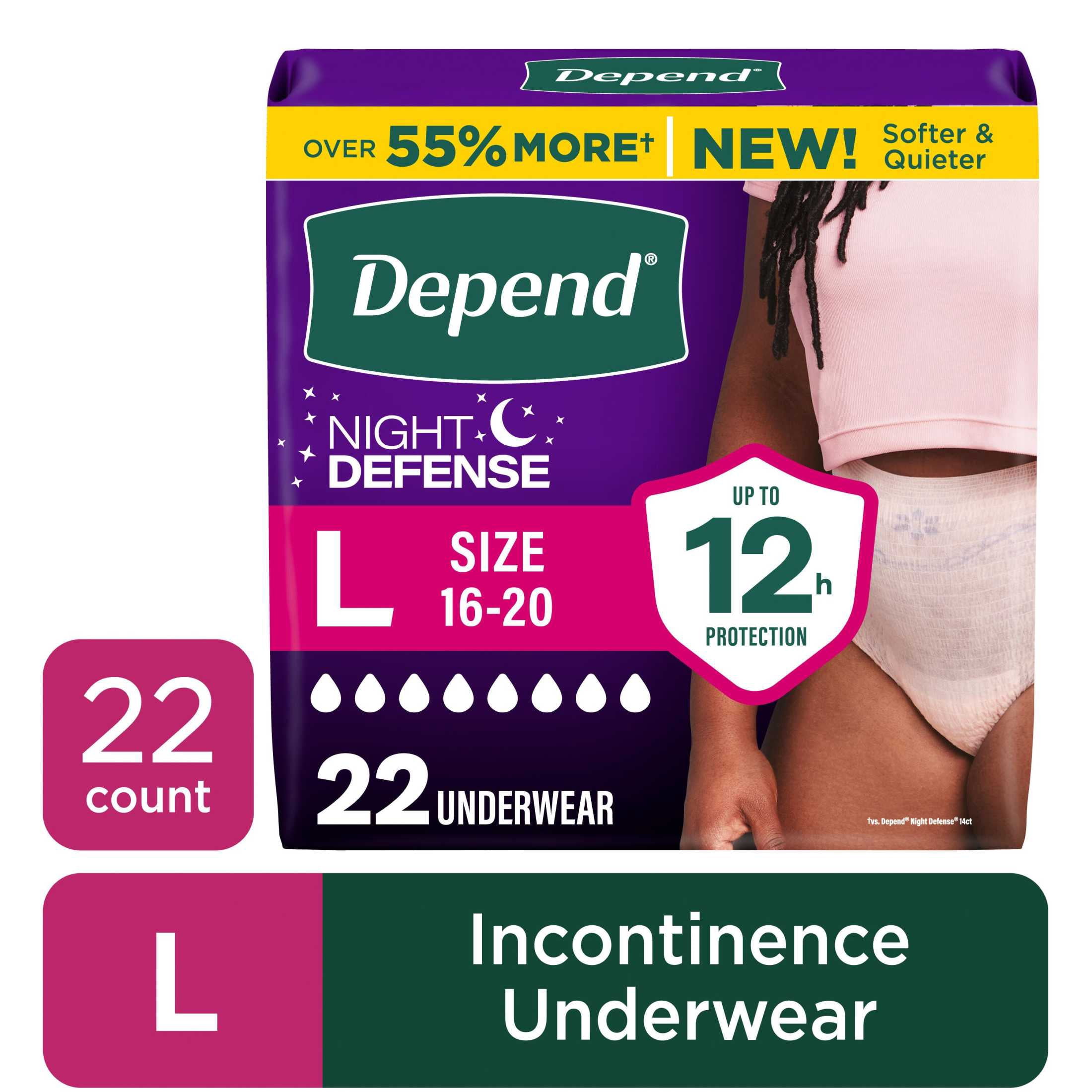Depend Night Defense Incontinence Underwear for Women, Adult Diapers, L (22 Count)
