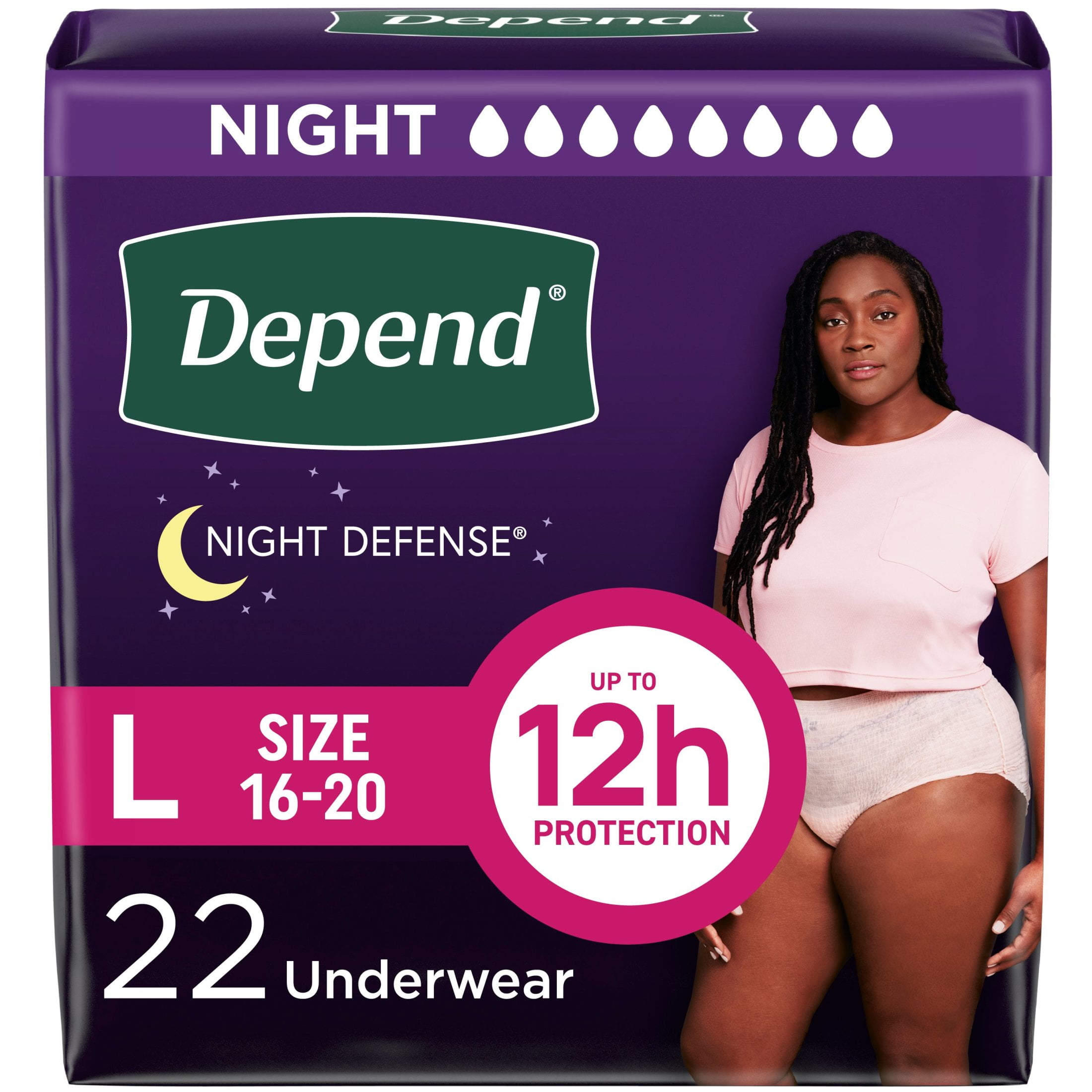 Depend Night Defense Incontinence Underwear for Women, Adult Diapers, L, 22 Count