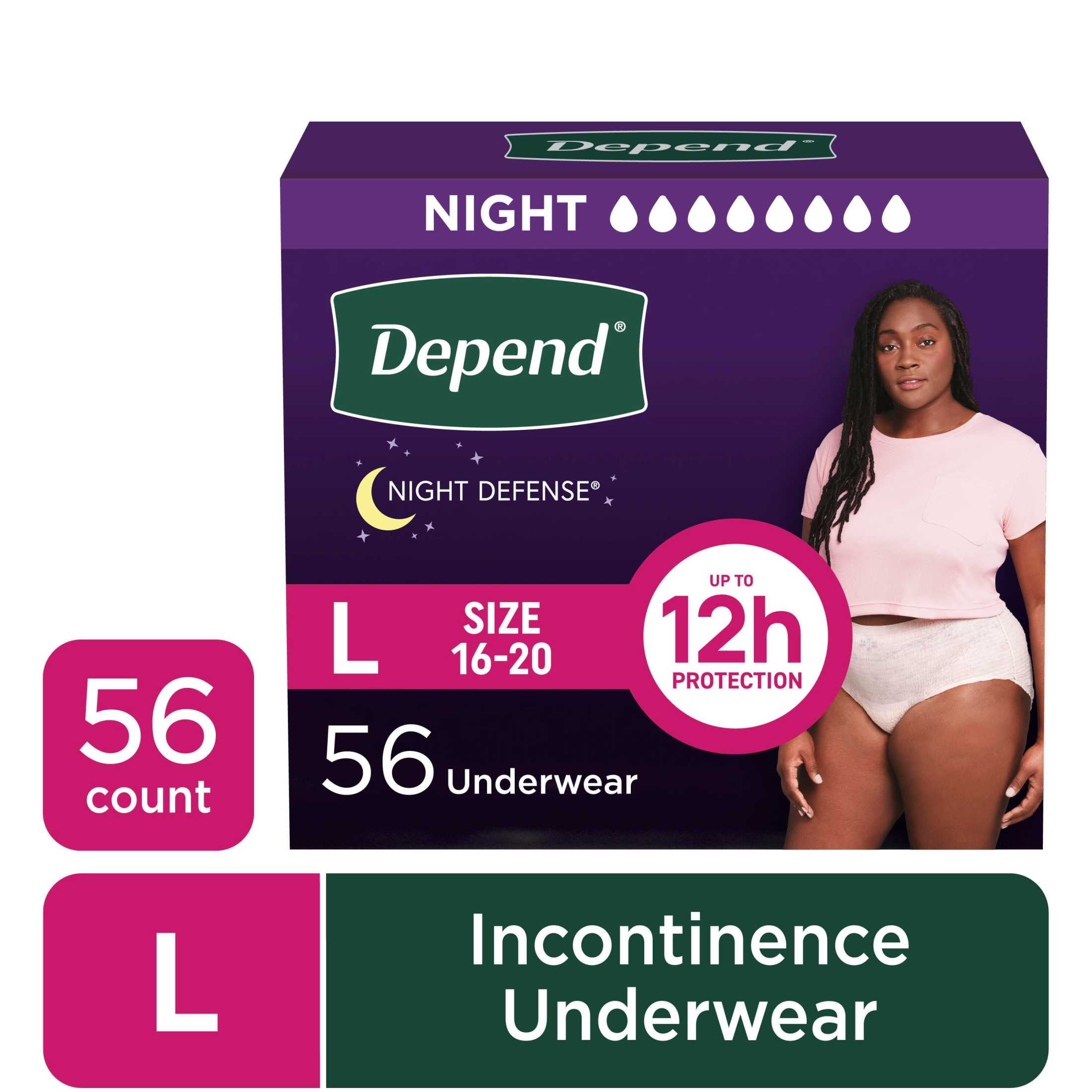 Depend Night Defense Incontinence Underwear for Women, Adult Diapers, L, 56 Count