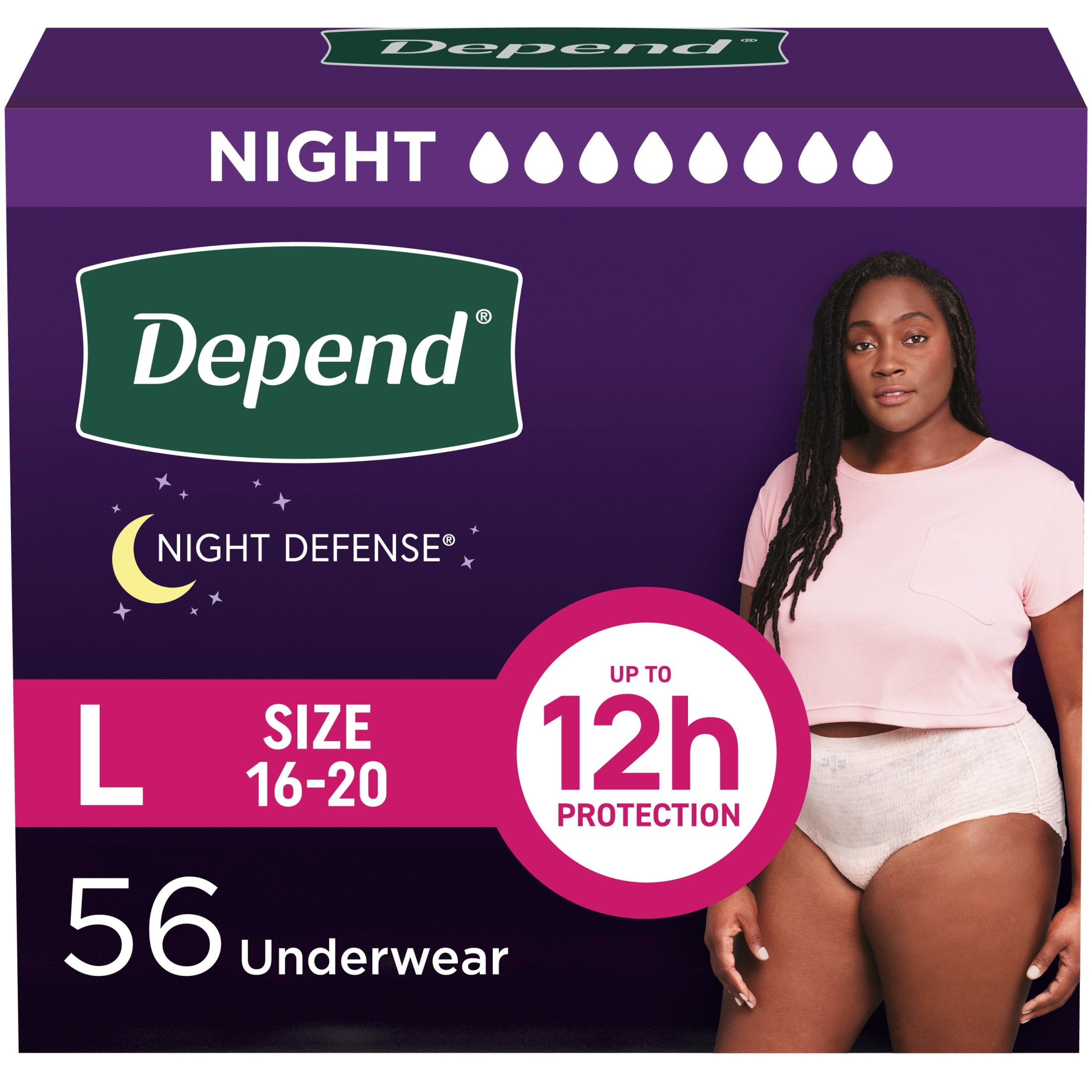 Depend Night Defense Incontinence Underwear for Women, Adult Diapers, L, 56 Count