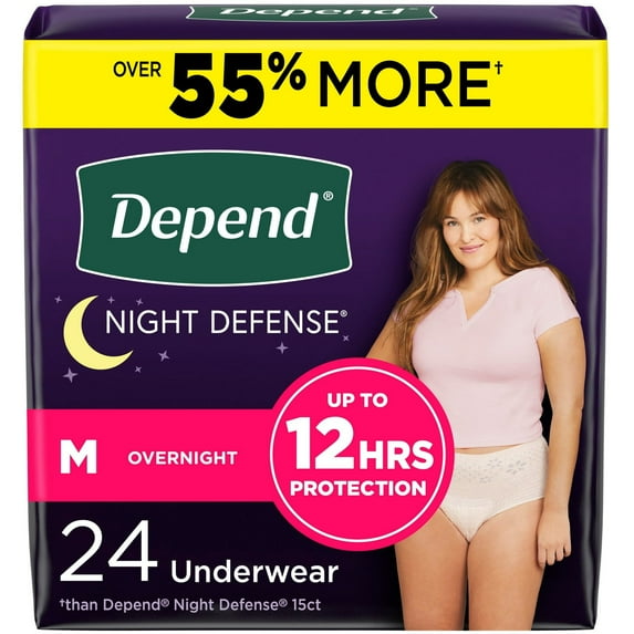 Depend Night Defense Incontinence Underwear for Women, Adult Diapers, M, 24 Count (2 Pack)