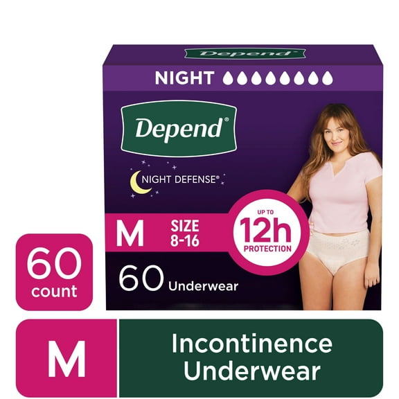 Depend Night Defense Incontinence Underwear for Women, Adult Diapers, M, 60 Count