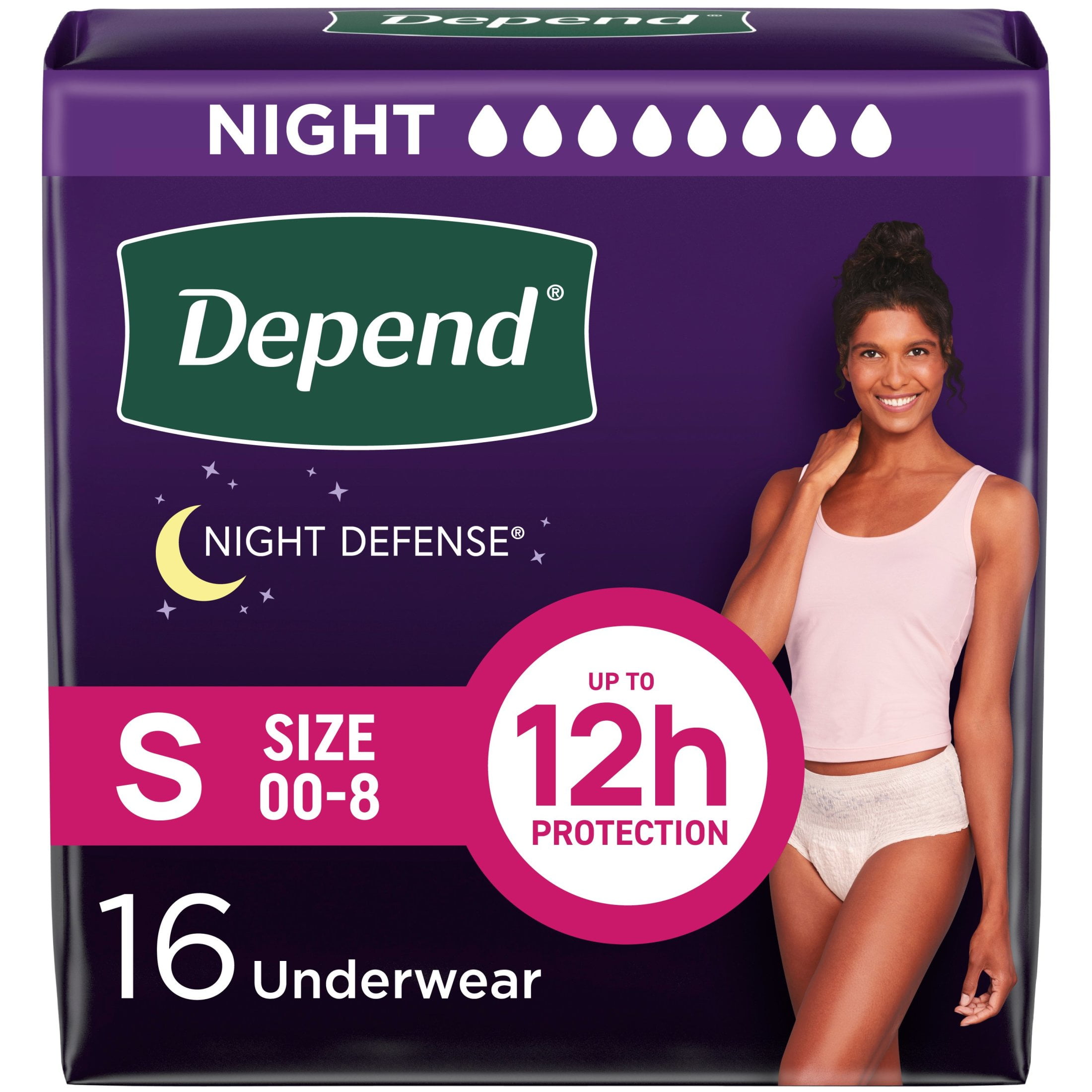 Depend Night Defense Incontinence Underwear for Women, Adult Diapers, S, 16 Count