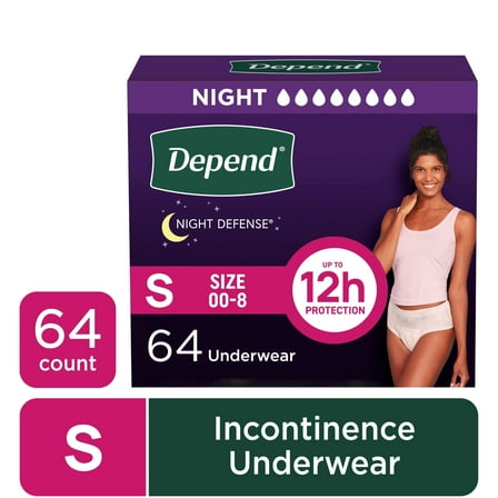 Depend Night Defense Incontinence Underwear for Women, Adult Diapers, S, 64 Count