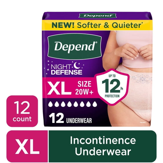 Depend Night Defense Incontinence Underwear for Women, Adult Diapers, XL, 12 Count