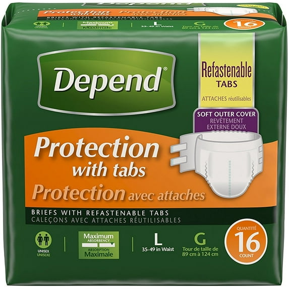 Depend Protection with Tabs Incontinence Underwear Briefs, Maximum Absorbency, Large, 16 Ct, Pack of 6