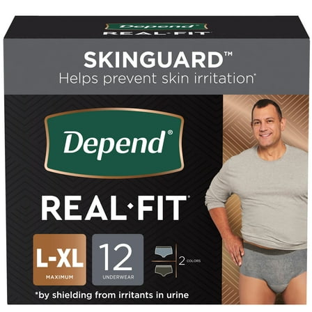 Depend Real Fit Adult Incontinence Underwear, Disposable Adult Diapers for Men, Maximum Absorbency, L/XL, Black & Grey, 12 Count