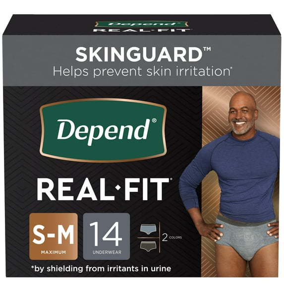 Depend Real Fit Adult Incontinence Underwear, Disposable Adult Diapers for Men, Maximum Absorbency, S/M, Black & Grey, 14 Count