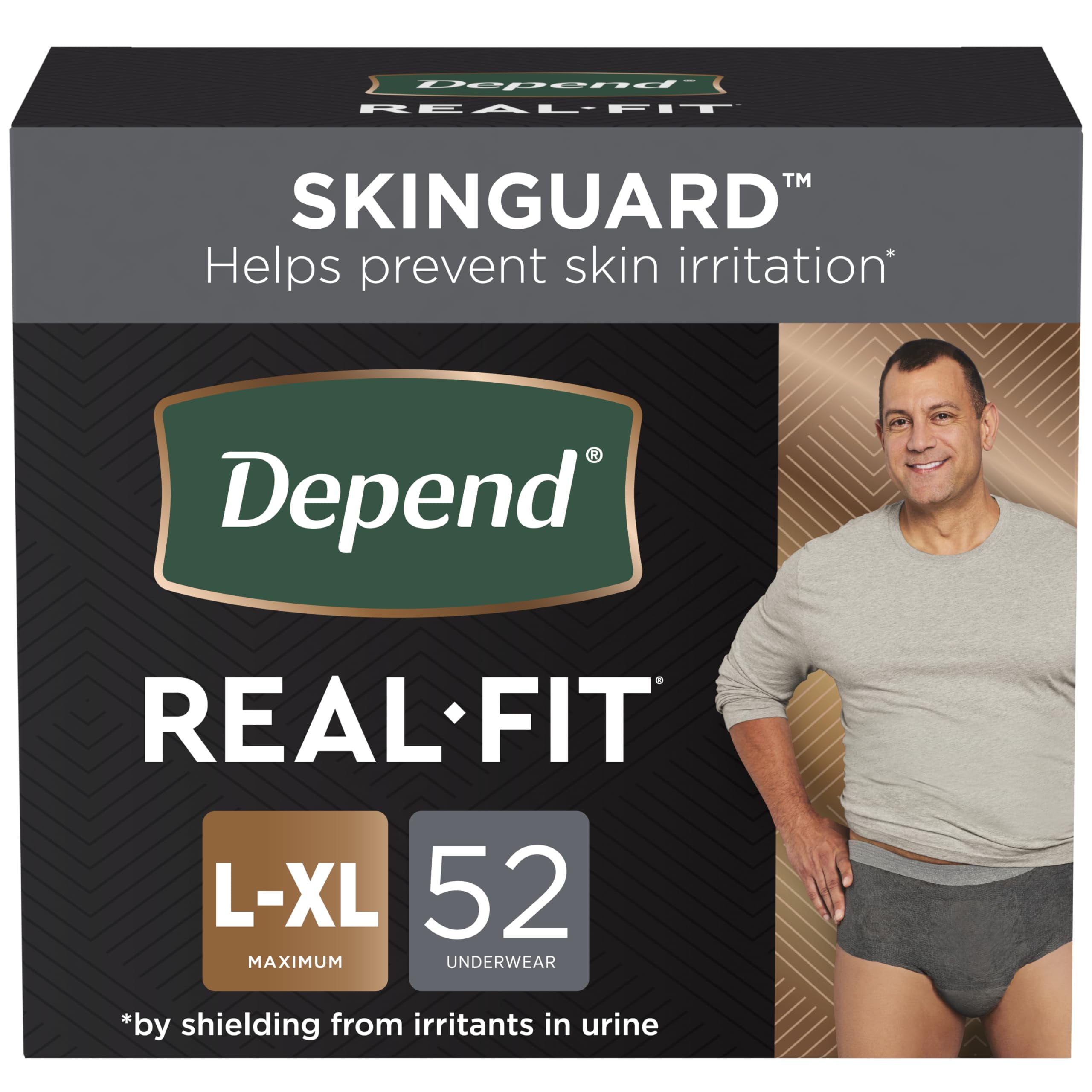 Depend Real Fit Incontinence Underwear for Men, Disposable, Maximum Absorbency, Large/Extra Large, Black, 52 Count (2 packs of 26), Packaging May Vary