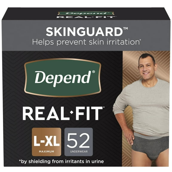 Depend Real Fit Incontinence Underwear for Men, Disposable, Maximum Absorbency, Large/Extra Large, Black, 52 Count (2 packs of 26), Packaging May Vary