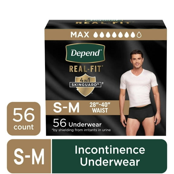 Depend Real Fit Incontinence Underwear for Men, Adult Diapers, S/M, Black, 56 Count