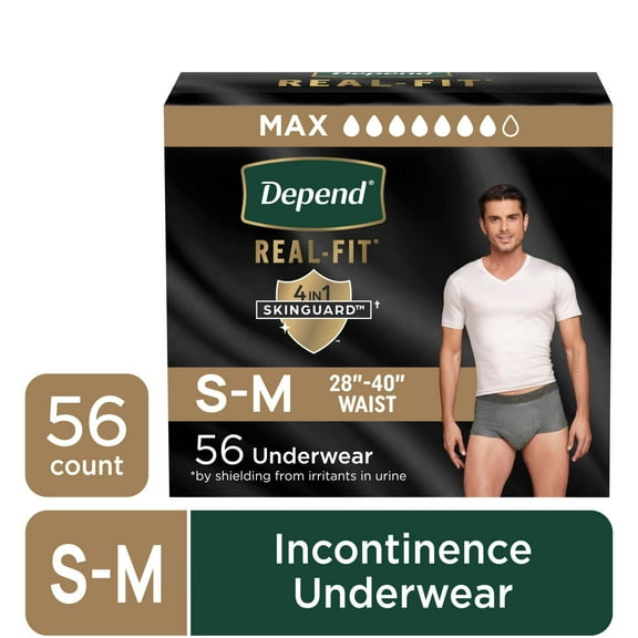 Depend Real Fit Incontinence Underwear for Men, Adult Diapers, S/M, Grey, 56 Count