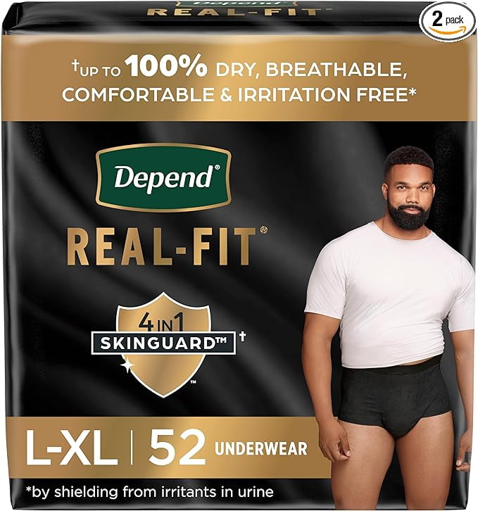 Depend Real Fit Incontinence Underwear for Men Disposable Maximum Absorbency Large Extra Large Black 52 Count 2 packs of 26 Packaging May Vary